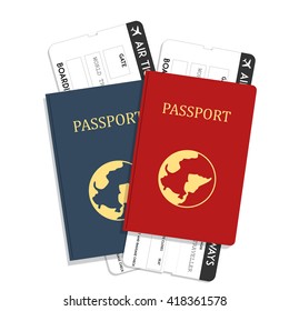 Vector flat design icon travel and tourism red and blue passports with boarding pass airline ticket, isolated. Vector illustration passport with tickets. Holiday and vacation concept.