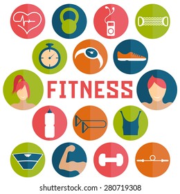 Vector flat design icons of fitness elements