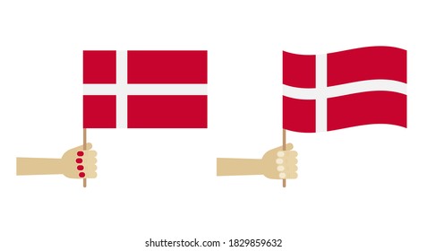 Vector flat design icons, illustration with people holding Denmark national flag in hands.