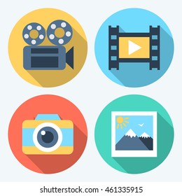 Vector flat design icons with long shadow - video camera, film, photo camera, photo. Set for mobile, web, apps, interface design. EPS10.