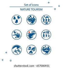Vector flat design. Icons of tourism in nature, the family goes on a hike, a fisherman in a boat, types of nature: mountains, forest, meadow, coniferous forest, lake. Group of tourists