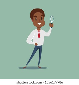 Vector flat design illustration. African Manager character looking through a magnifying glass.