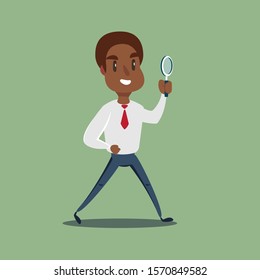 Vector flat design illustration. African Manager character looking through a magnifying glass.