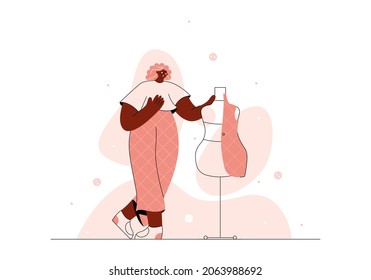 Vector flat design illustration with african-American fashion grandmother poses next to her mannequin. 