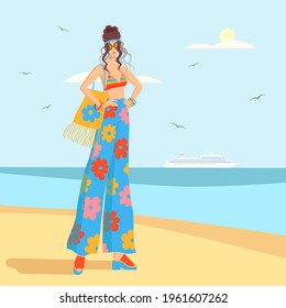 Vector flat design illustration: attractive young woman in colorful clothes of style 70-s hippie fashion at summer sea coast . For design card, poster, flyer about tourism, vacations.