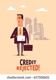 Vector flat design illustration of bank applicant who receives credit rejection. Interesting concept for bank credit policy