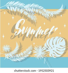 Vector flat design illustration : blue sea, warm beige sand, big tropical palm leaves , lettering "summer", stars.  Elements for card, poster, invitation, flyer.