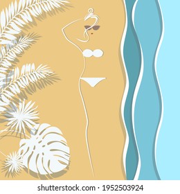 Vector flat design illustration : blue sea, warm beige sand, big tropical palm leaves , linear silhouette of girl wearing bikini swimsuit and sun glasses. Elements for card, poster, invitation, flyer.
