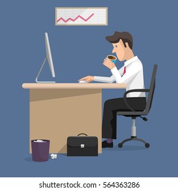 Vector flat design illustration of businessman in office. Monitor computer, office desk,case. Cartoon character manager.