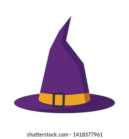 Vector flat design illustration of cartoon purple color with orange buckle strap Halloween witch hat icon isolated on white background. 