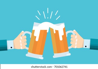 Vector flat design illustration of celebration with beer colliding and spilling out with foam. Abstract male businessman hands holding beer mug cheering and celebrating