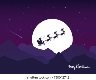 Vector flat design  illustration for Christmas greeting card. Santa's sleigh with reindeer on full moon, mountains and purple sky with stars background.  