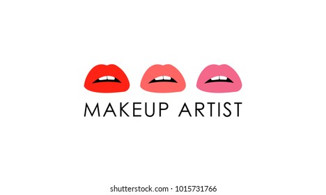 Vector flat design illustration of colorful women lips and makeup inscription creative makeup. Concept for beauty salon, cosmetics label, cosmetology procedures, visage and makeup artist.