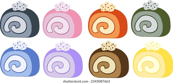 Vector flat design illustration colorful pieces of cake, Roll cake, Sweets, Dessert
