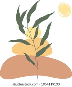 Colores de ilustración de diseño plano vectorial: rama de eucalipto verde, talón de piedra marrón, sol amarillo. Elementos para tarjeta, cartel, logotipo, imagen, invitación.