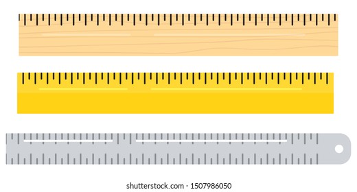 Vector flat design illustration of different materials wooden, metal, plastic ruler instruments icon set isolated on a white background. Color school measuring rulers in centimeters scale.