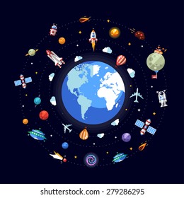 Vector flat design illustration of Earth and different infographics space elements and icons