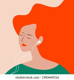 vector flat design illustration of a girl with earphones in her ears listening to a podcast, audio book or music in trendy colors. useful for advertising music channel, podcast, online music services