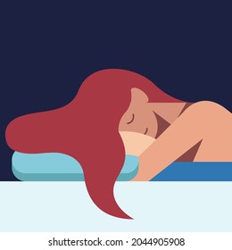 ilustración vectorial plana de una muchacha durmiendo dulcemente en la cama con el pelo esparcido en la almohada sobre un fondo oscuro. útil para publicitar productos de relajación, productos de sueño, estilos de vida saludables