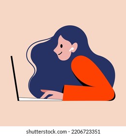 Vektorflache Design-Illustration eines Mädchens, das auf einem Laptop mit einem Headset im Ohr sitzt und arbeitet. Fernunterricht, Heimarbeit, Freiberufler, Online-Kommunikation, Online-Kurse, Online-Spiele