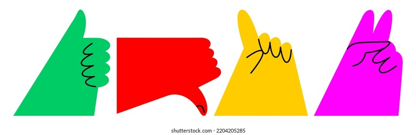 vector flat design illustration of hands showing different gestures: all ok, bad, victory sign and warning gesture, attention in different colors. useful for web, graphic design, stickers, print.