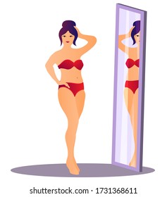 Vector flat design illustration. Healthy woman underwear swimsuit bikini looking at the mirror. Smiled happy adult satisfied with appearance reflection. Shape Body positive concept isolated on white