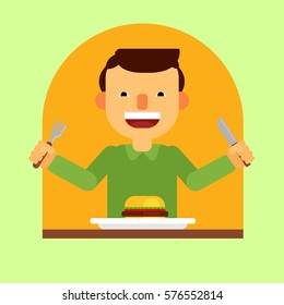 vector flat design illustration isolated on white background. A happy man eating hamburger