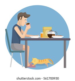 Vector flat design illustration of man eating breakfast at home. Cartoon character men at table with food - coffee,snack,toast and juice.