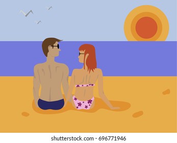 vector flat design illustration of a a man and a woman couple wearing swimsuit and sitting on the beach