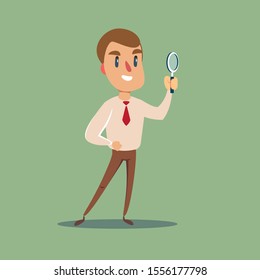 Vector flat design illustration. Manager character looking through a magnifying glass.