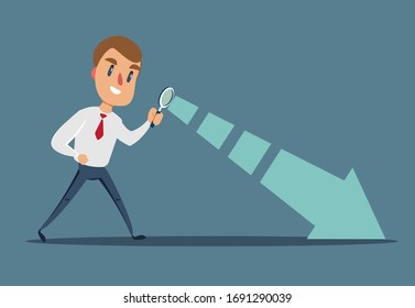 Vector flat design illustration. Manager character looking through a magnifying glass.