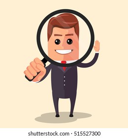 Vector flat design illustration. Manager character looking through a magnifying glass.