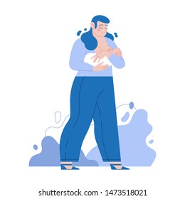 Vector Flat design illustration  - Mother breastfeeding her newborn baby.