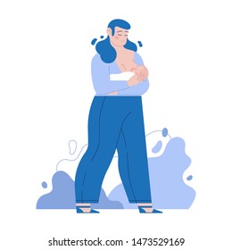 Vector Flat design illustration  - Mother breastfeeding her newborn baby.