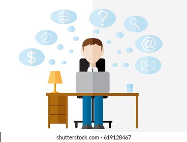 vector flat design illustration of office computer worker and web icons isolated on white background