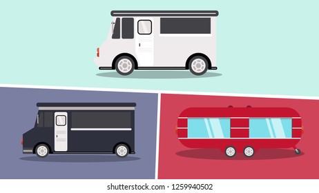 Vector flat design illustration on simplified cars and mobile shop, side view