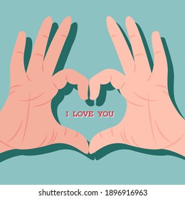 vector flat design illustration on the theme of love and Valentine's Day. a person declares his love with a folded heart sign. can be used as a card with a declaration of love, web design element.