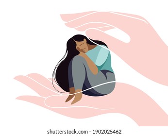 vector flat design illustration on the theme of mental health. a very sad girl needs psychological support. she may be a victim of domestic violence. helping hands reach out in her. mental healthcare