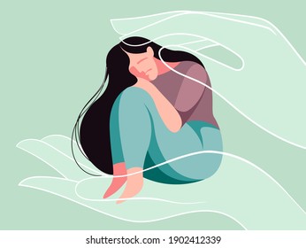 vector flat design illustration on the theme of mental health. a very sad girl needs psychological support. she may be a victim of domestic violence. helping hands reach out in her. mental healthcare.