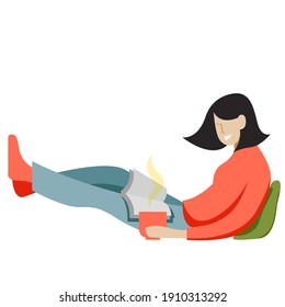 vector flat design illustration on the theme of reading books and learning. young girl sits and reads a book. student is studying a textbook. illustration is isolated on white background.