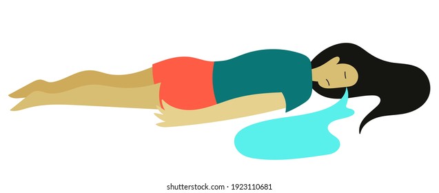vector flat design illustration on mental health theme. unhappy girl in despair, lies on the floor and cries. loss of strength, lack of self-confidence, depression, despair, despondency, loneliness.