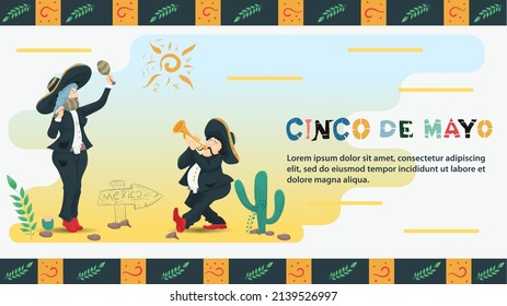 Vector flat design illustration on the theme of the Mexican holiday Cinco de Mayo, A man and a woman in national costume playing the trumpet and maracas