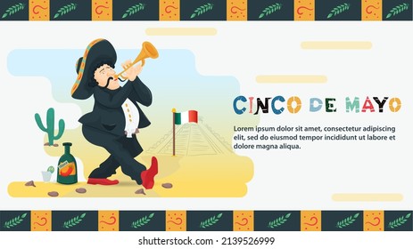 Vector flat design illustration on the theme of the Mexican holiday Cinco de Mayo, A man in a national costume playing a trumpet, next to a bottle with a drink