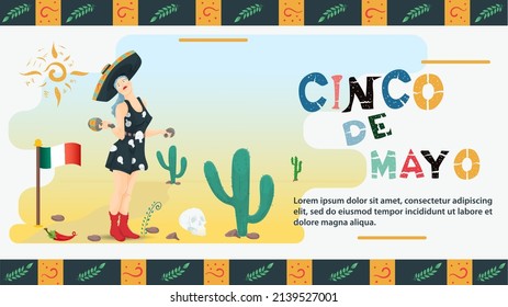 Vector flat design illustration on the theme of the Mexican holiday Cinco de Mayo, a woman in a black dress with skulls playing maracas