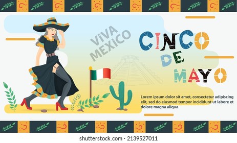 Vector flat design illustration on the theme of the Mexican holiday Cinco de Mayo, a woman in a black dress and stockings holding a sombrero headdress with her hand