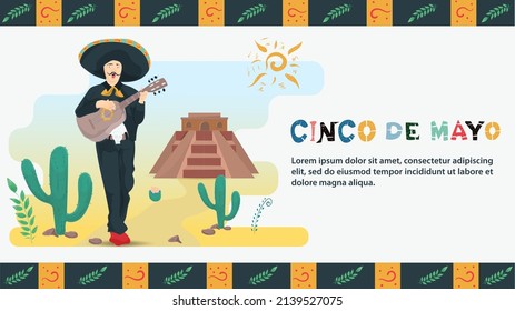 Vector flat design illustration on the theme of the Mexican holiday Cinco de Mayo, A man in a national costume playing guitar, on the background of a pyramid