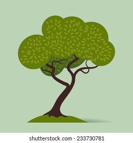 Vector flat design illustration on cartoon crooked tree isolated