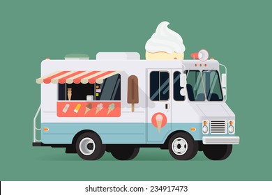 Vector flat design illustration on classic ice cream truck | Retro looking ice cream van