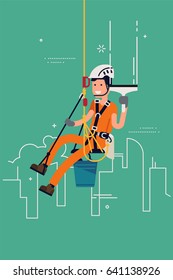 Vector flat design illustration on window cleaner industrial alpinist. Rope access technician cleaning high-rise windows. Rope access maintenance concept design with worker character