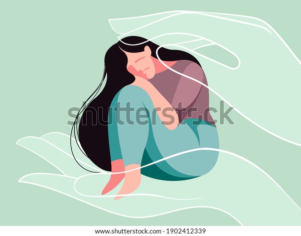 vector flat design illustration on the theme\
of mental health. a very sad girl needs psychological support. she\
may be a victim of domestic violence. helping hands reach out in\
her. mental healthcare.